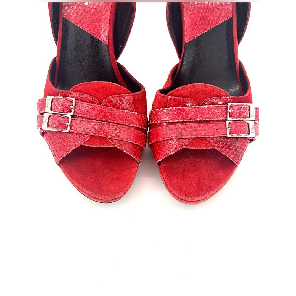 Dior John Galliano Red Double Buckle Snakeskin Peep Toe Platform Pumps 39.5 - Picture 6 of 10